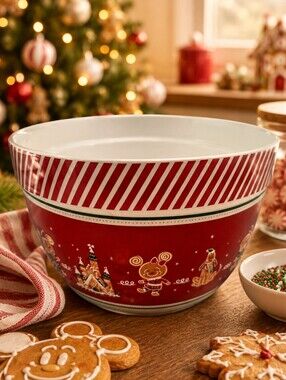 Disney Christmas Gingerbread Holiday Serving Mixing Bowl Red White Candy Cane